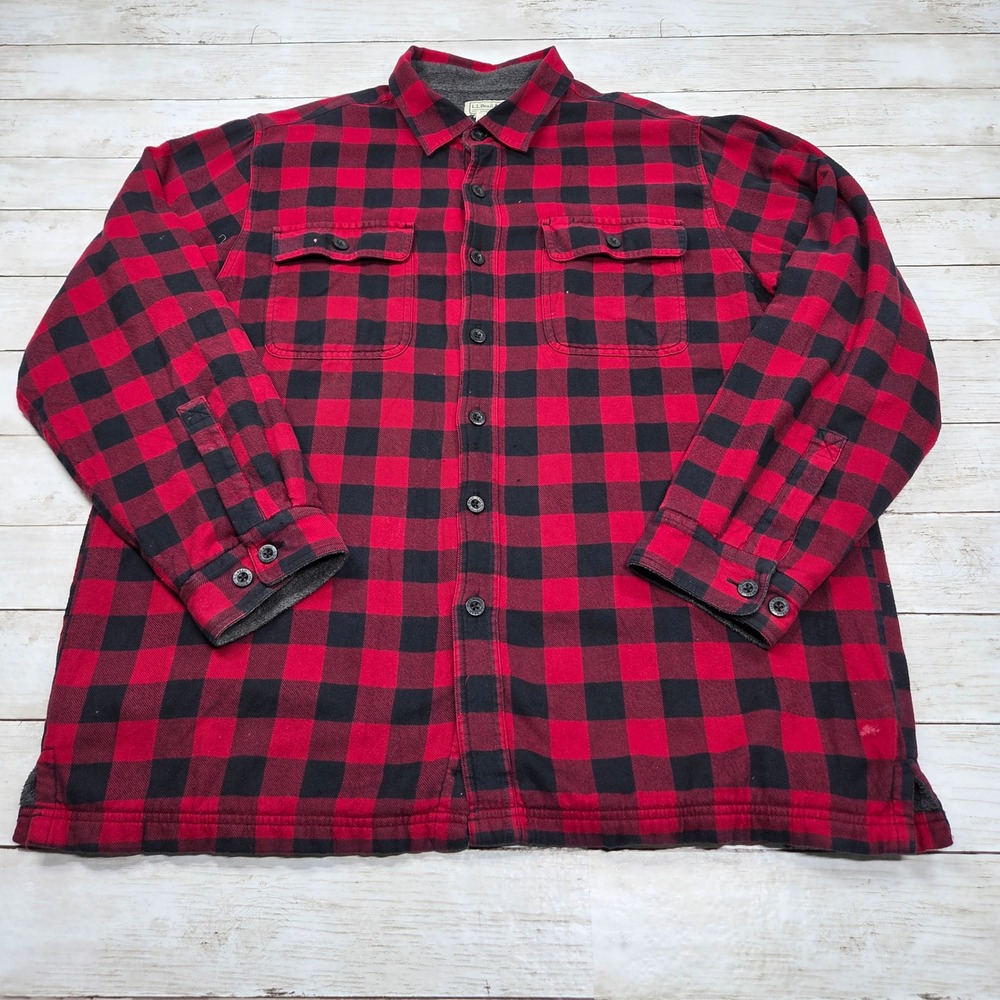LL Bean Fleece Lined Buffalo Plaid Flannel Shirt Jacket Mens L Red Black 250393